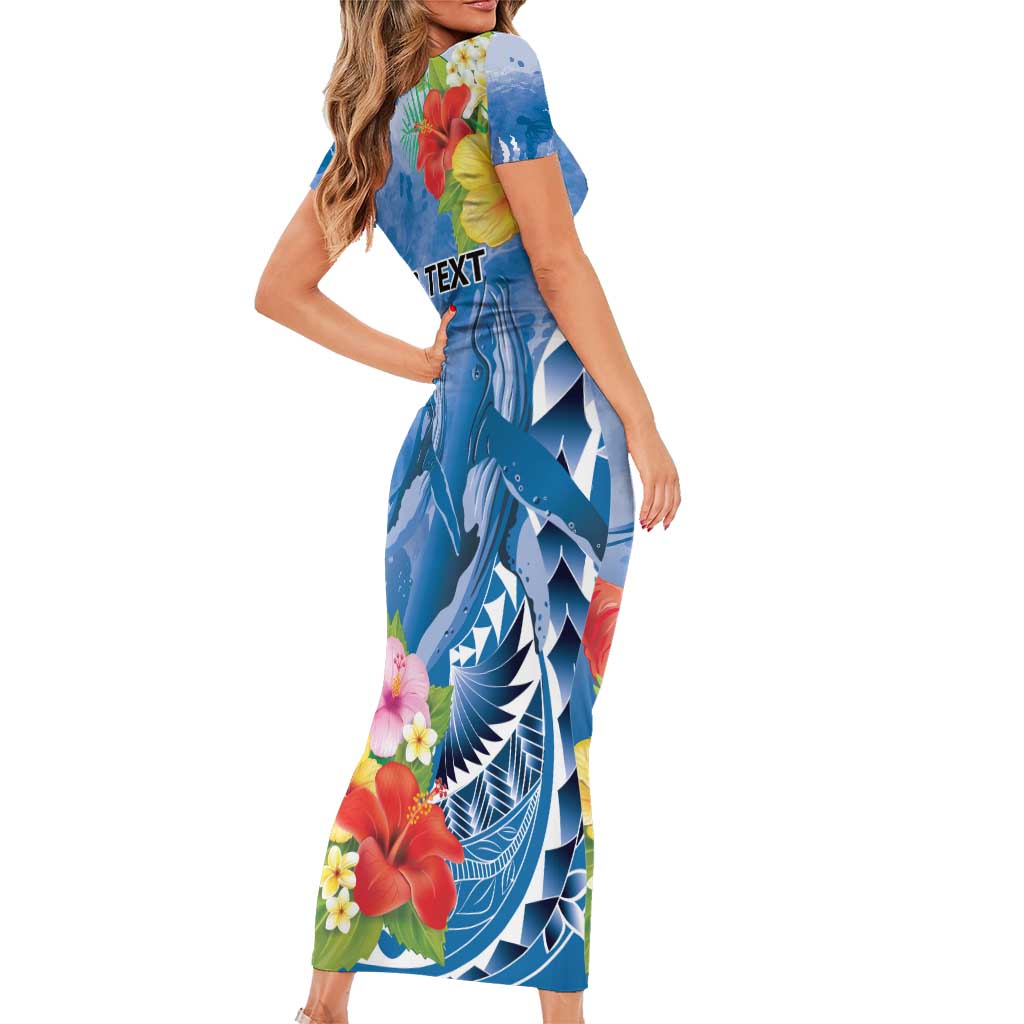 Personalised Yap States Humpback Whale Family Matching Short Sleeve Bodycon Dress and Hawaiian Shirt Polynesian Tropical Flowers LT9 - Polynesian Pride