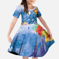 Personalised Yap States Humpback Whale Family Matching Summer Maxi Dress and Hawaiian Shirt Polynesian Tropical Flowers LT9 Daughter's Dress Blue - Polynesian Pride