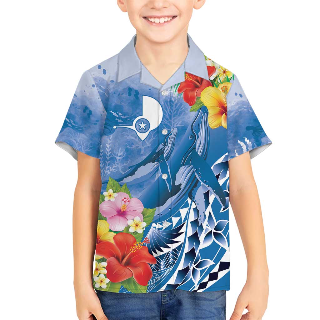 Personalised Yap States Humpback Whale Family Matching Summer Maxi Dress and Hawaiian Shirt Polynesian Tropical Flowers LT9 Son's Shirt Blue - Polynesian Pride