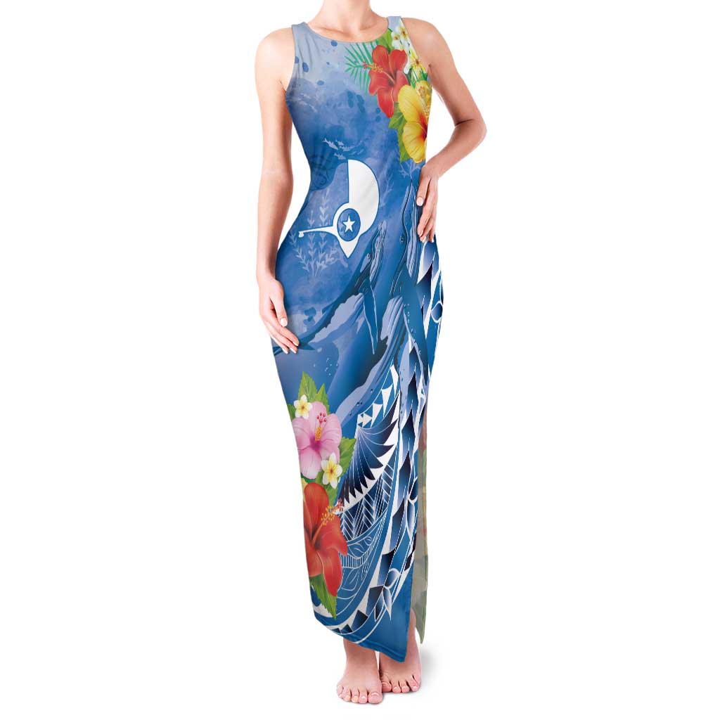 Personalised Yap States Humpback Whale Family Matching Tank Maxi Dress and Hawaiian Shirt Polynesian Tropical Flowers LT9 Mom's Dress Blue - Polynesian Pride