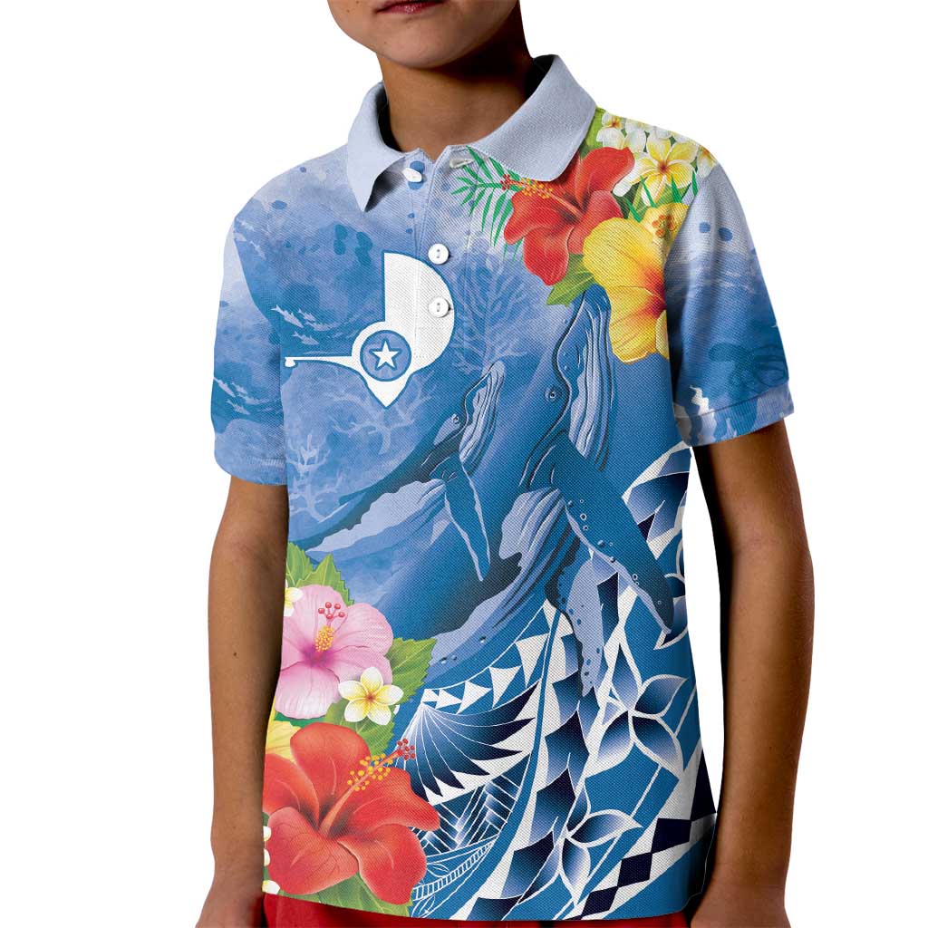 Personalised Yap States Humpback Whale Kid Polo Shirt Polynesian Tropical Flowers LT9 Kid Blue - Polynesian Pride