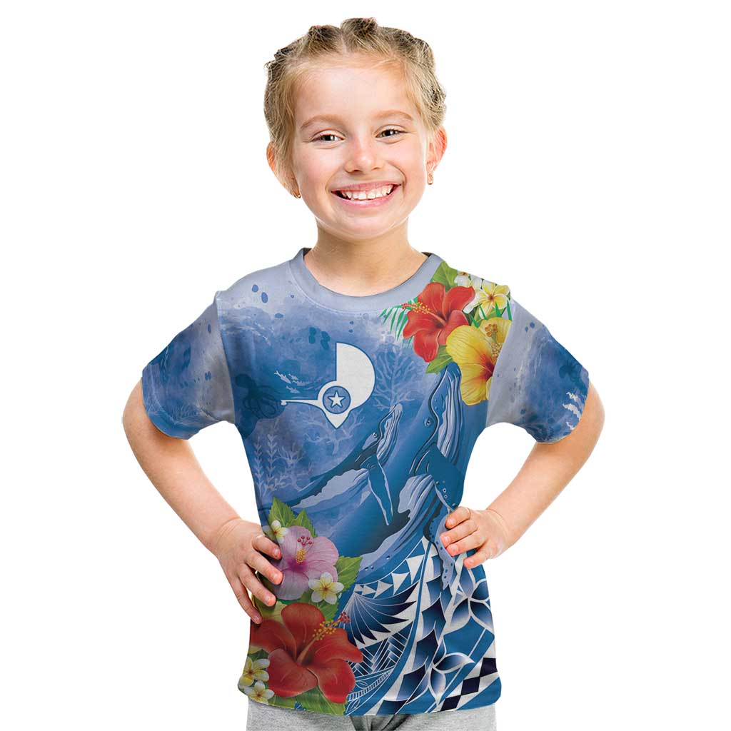 Personalised Yap States Humpback Whale Kid T Shirt Polynesian Tropical Flowers