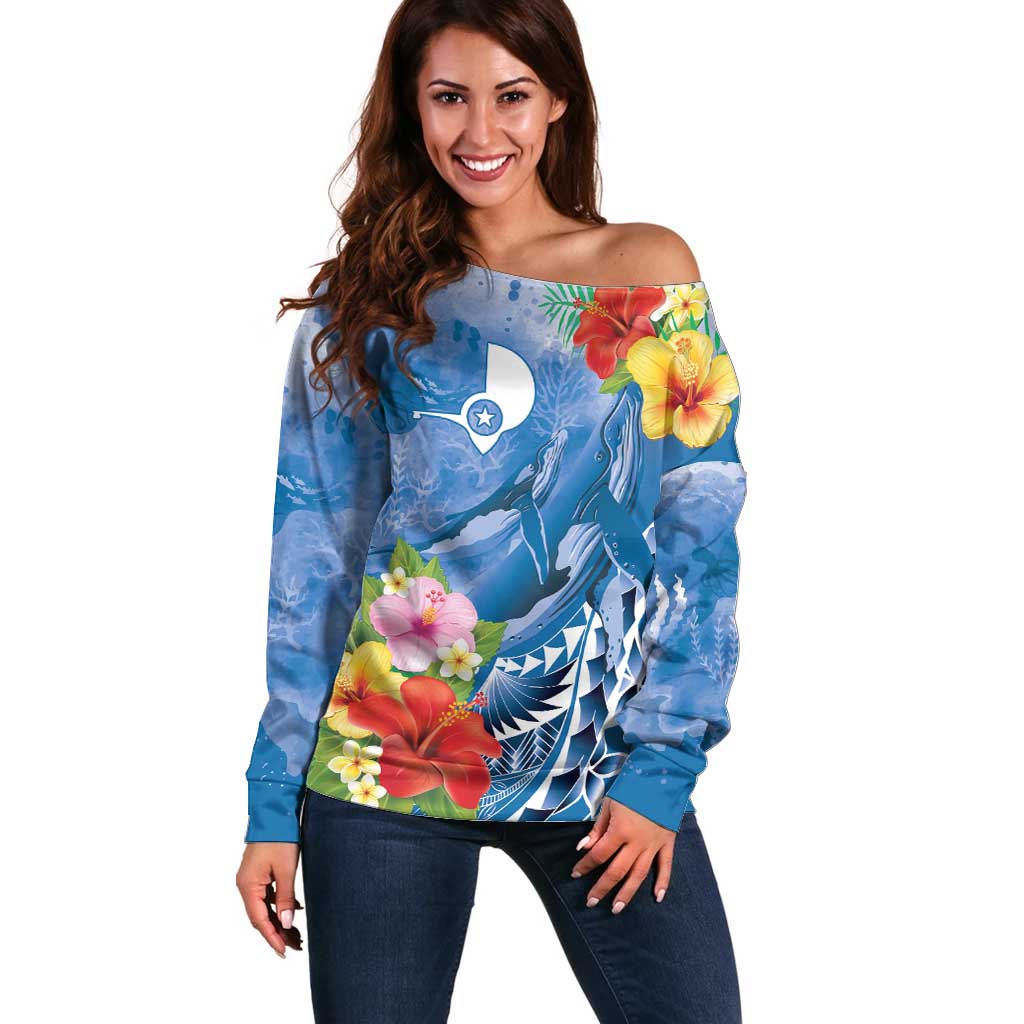 Personalised Yap States Humpback Whale Off Shoulder Sweater Polynesian Tropical Flowers LT9 Women Blue - Polynesian Pride