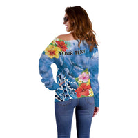 Personalised Yap States Humpback Whale Off Shoulder Sweater Polynesian Tropical Flowers LT9 - Polynesian Pride