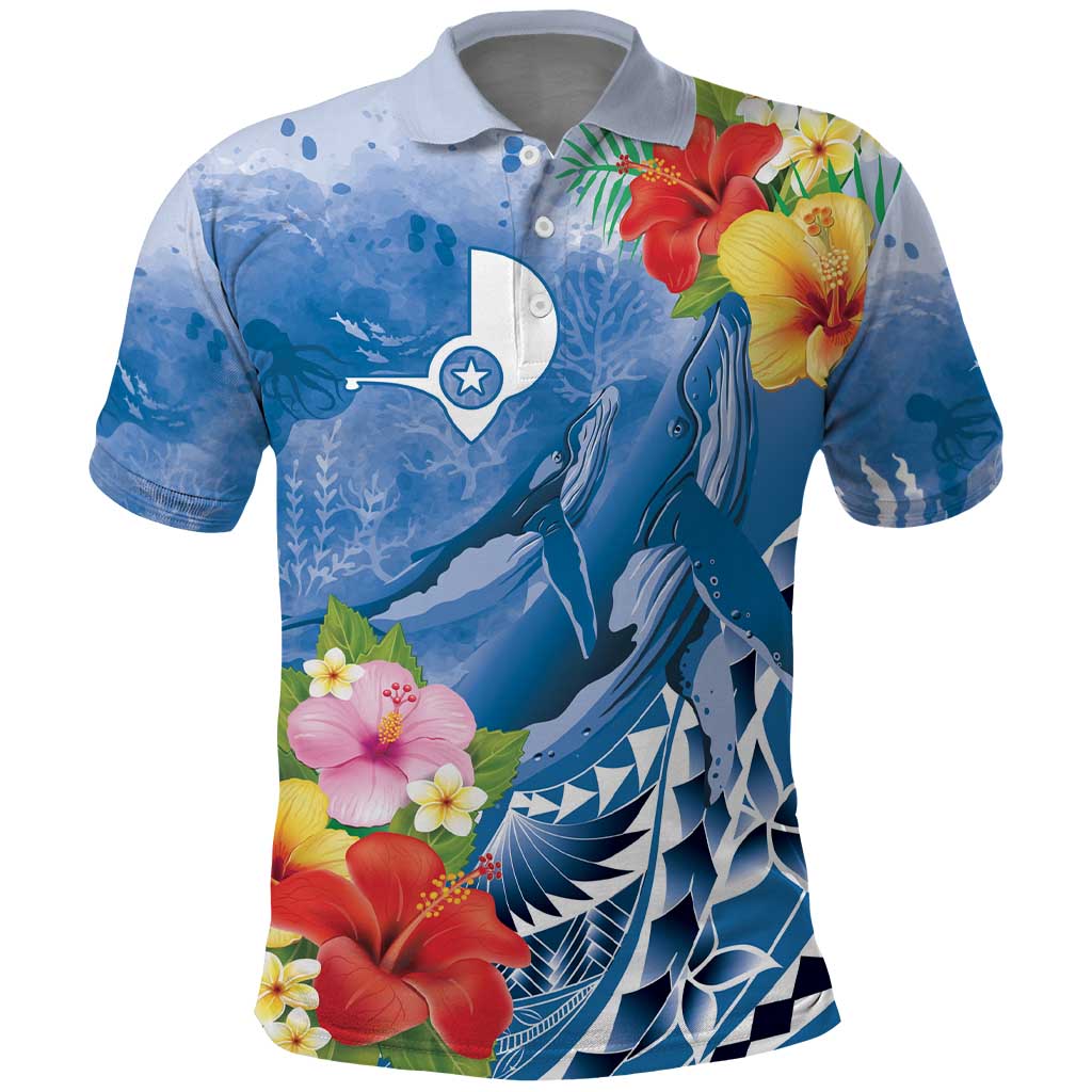 Personalised Yap States Humpback Whale Polo Shirt Polynesian Tropical Flowers LT9 Blue - Polynesian Pride