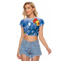 Personalised Yap States Humpback Whale Raglan Cropped T Shirt Polynesian Tropical Flowers LT9 Female Blue - Polynesian Pride