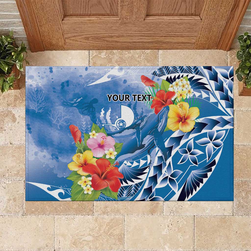 Personalised Yap States Humpback Whale Rubber Doormat Polynesian Tropical Flowers