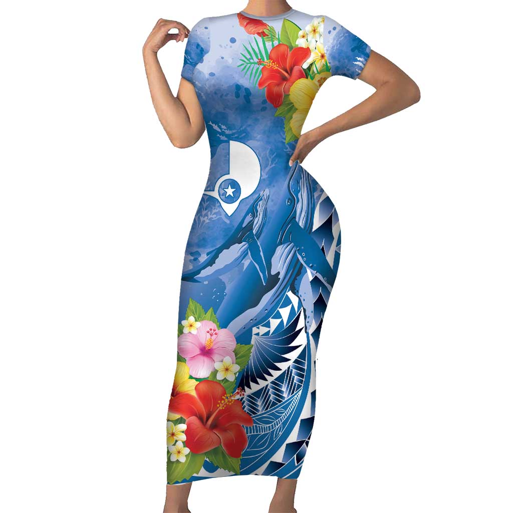 Personalised Yap States Humpback Whale Short Sleeve Bodycon Dress Polynesian Tropical Flowers