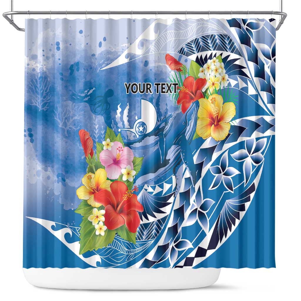 Personalised Yap States Humpback Whale Shower Curtain Polynesian Tropical Flowers