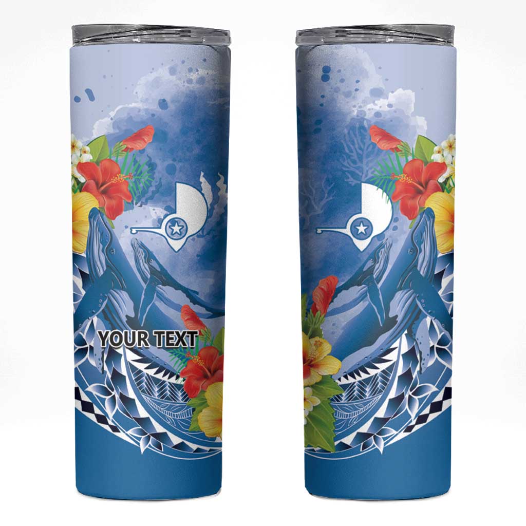 Personalised Yap States Humpback Whale Skinny Tumbler Polynesian Tropical Flowers LT9 Blue - Polynesian Pride