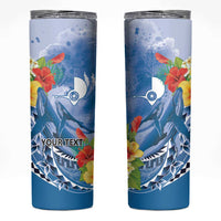 Personalised Yap States Humpback Whale Skinny Tumbler Polynesian Tropical Flowers LT9 Blue - Polynesian Pride