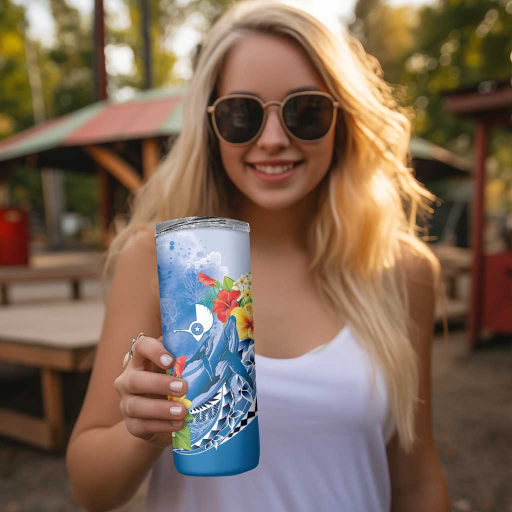 Personalised Yap States Humpback Whale Skinny Tumbler Polynesian Tropical Flowers LT9 - Polynesian Pride