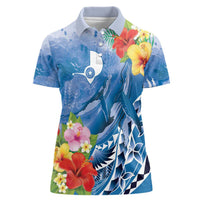 Personalised Yap States Humpback Whale Women Polo Shirt Polynesian Tropical Flowers LT9 Female Blue - Polynesian Pride
