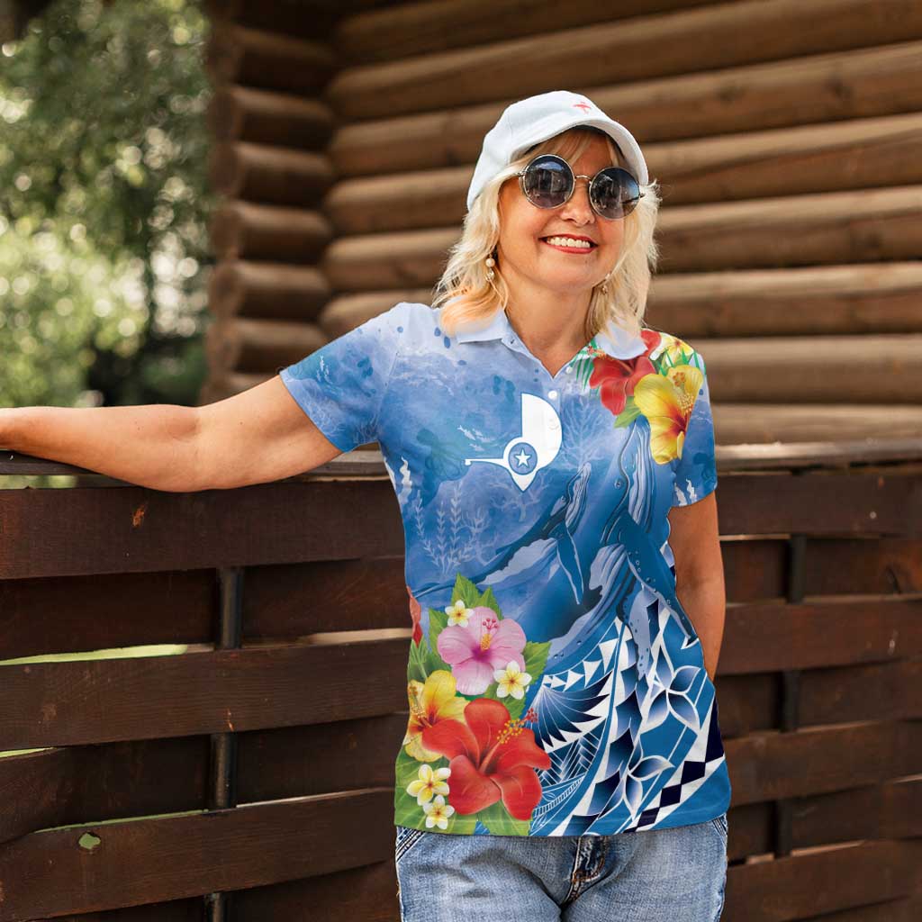 Personalised Yap States Humpback Whale Women Polo Shirt Polynesian Tropical Flowers LT9 - Polynesian Pride