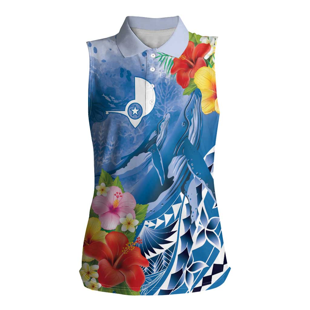 Personalised Yap States Humpback Whale Women Sleeveless Polo Shirt Polynesian Tropical Flowers