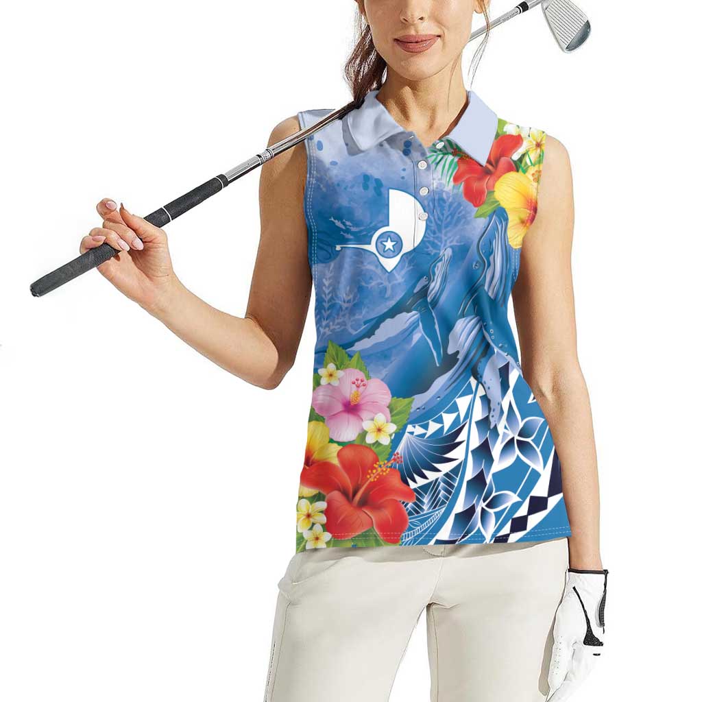 Personalised Yap States Humpback Whale Women Sleeveless Polo Shirt Polynesian Tropical Flowers LT9 - Polynesian Pride
