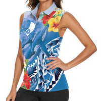 Personalised Yap States Humpback Whale Women Sleeveless Polo Shirt Polynesian Tropical Flowers LT9 - Polynesian Pride
