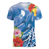 Personalised Yap States Humpback Whale Women V-Neck T-Shirt Polynesian Tropical Flowers LT9 Female Blue - Polynesian Pride