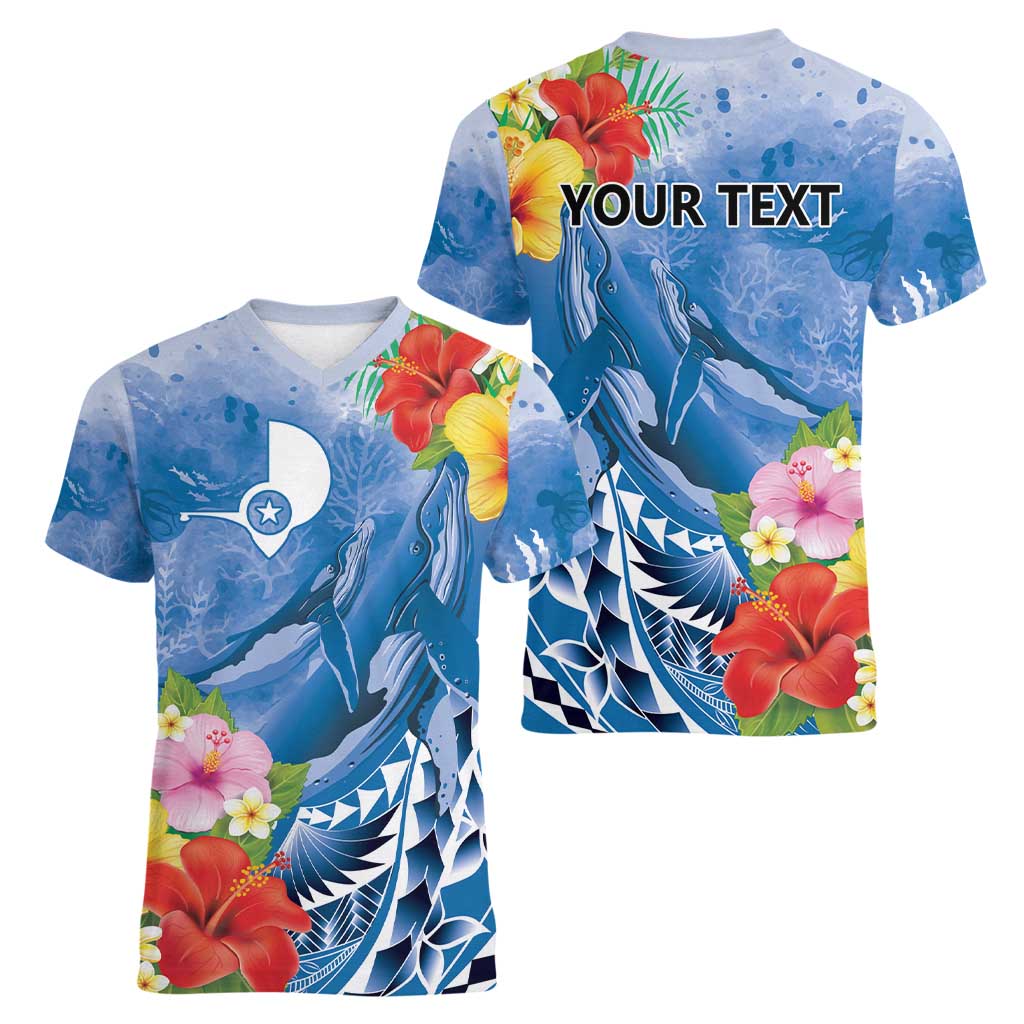 Personalised Yap States Humpback Whale Women V-Neck T-Shirt Polynesian Tropical Flowers LT9 - Polynesian Pride
