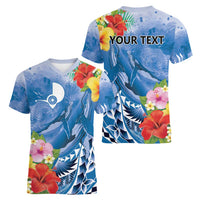 Personalised Yap States Humpback Whale Women V-Neck T-Shirt Polynesian Tropical Flowers LT9 - Polynesian Pride