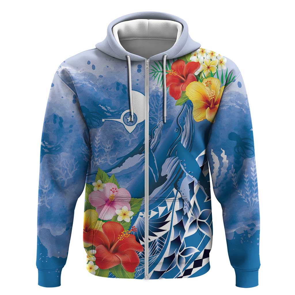 Personalised Yap States Humpback Whale Zip Hoodie Polynesian Tropical Flowers