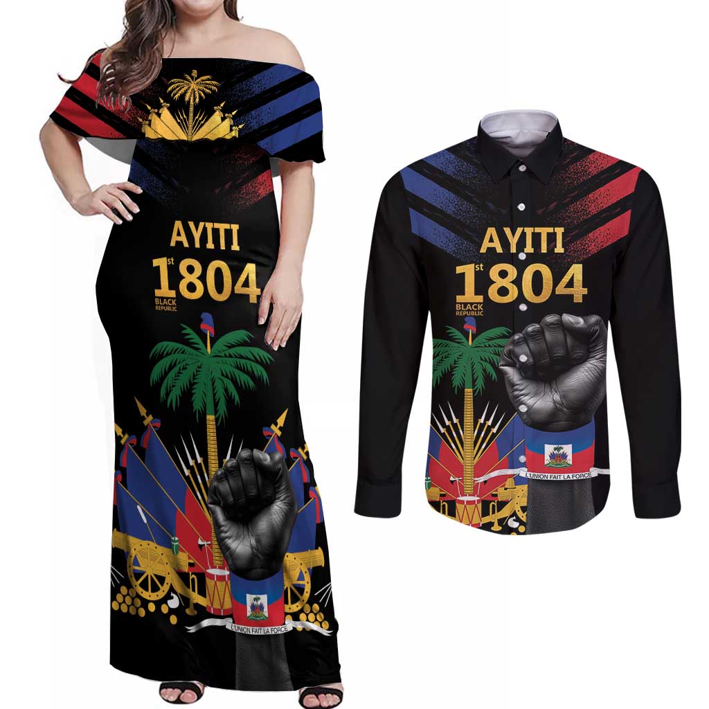 Haiti Independence Day Couples Matching Off Shoulder Maxi Dress and Long Sleeve Button Shirt The First Black Republic Since 1804