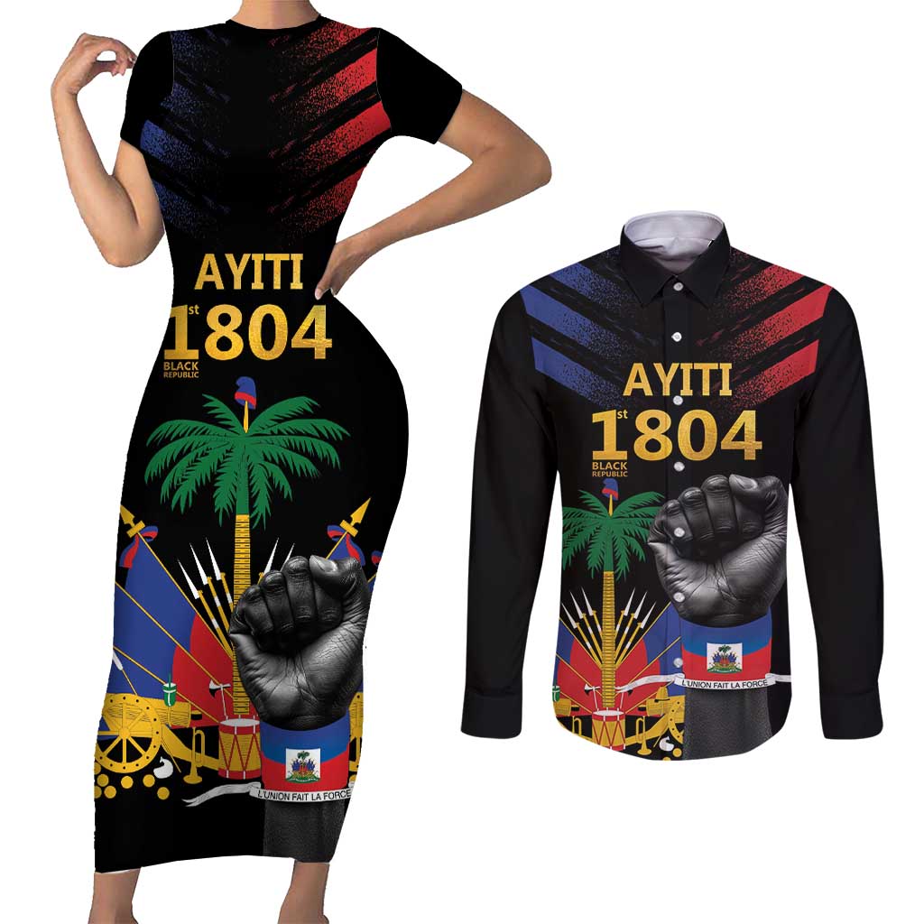 Haiti Independence Day Couples Matching Short Sleeve Bodycon Dress and Long Sleeve Button Shirt The First Black Republic Since 1804