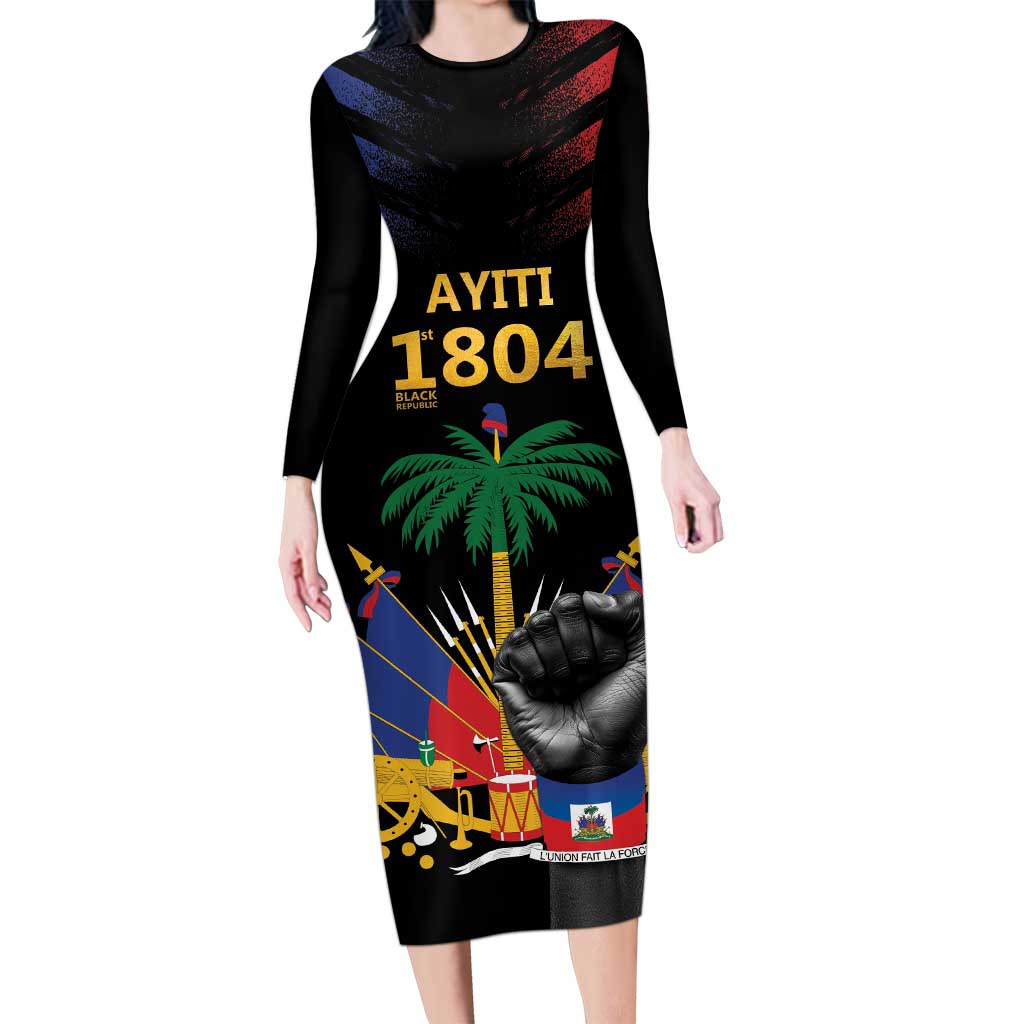 Haiti Independence Day Family Matching Long Sleeve Bodycon Dress and Hawaiian Shirt The First Black Republic Since 1804 LT9 Mom's Dress Blakc - Polynesian Pride