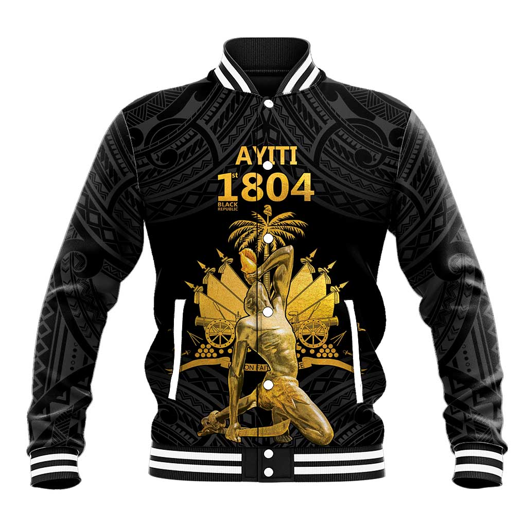 Haitian Negre Marron 1804 Baseball Jacket Black Polynesian Pattern