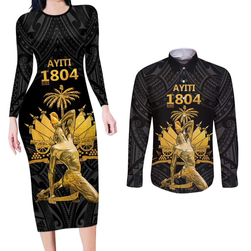 Haitian Negre Marron 1804 Couples Matching Long Sleeve Bodycon Dress and Long Sleeve Button Shirt Black Polynesian Pattern