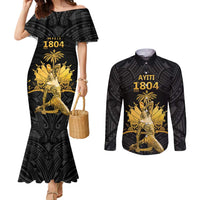 Haitian Negre Marron 1804 Couples Matching Mermaid Dress and Long Sleeve Button Shirt Black Polynesian Pattern