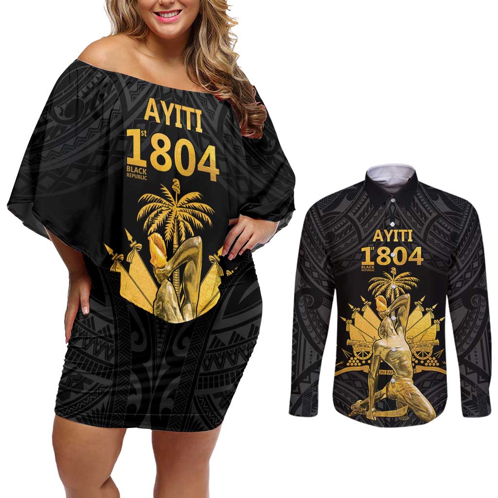 Haitian Negre Marron 1804 Couples Matching Off Shoulder Short Dress and Long Sleeve Button Shirt Black Polynesian Pattern