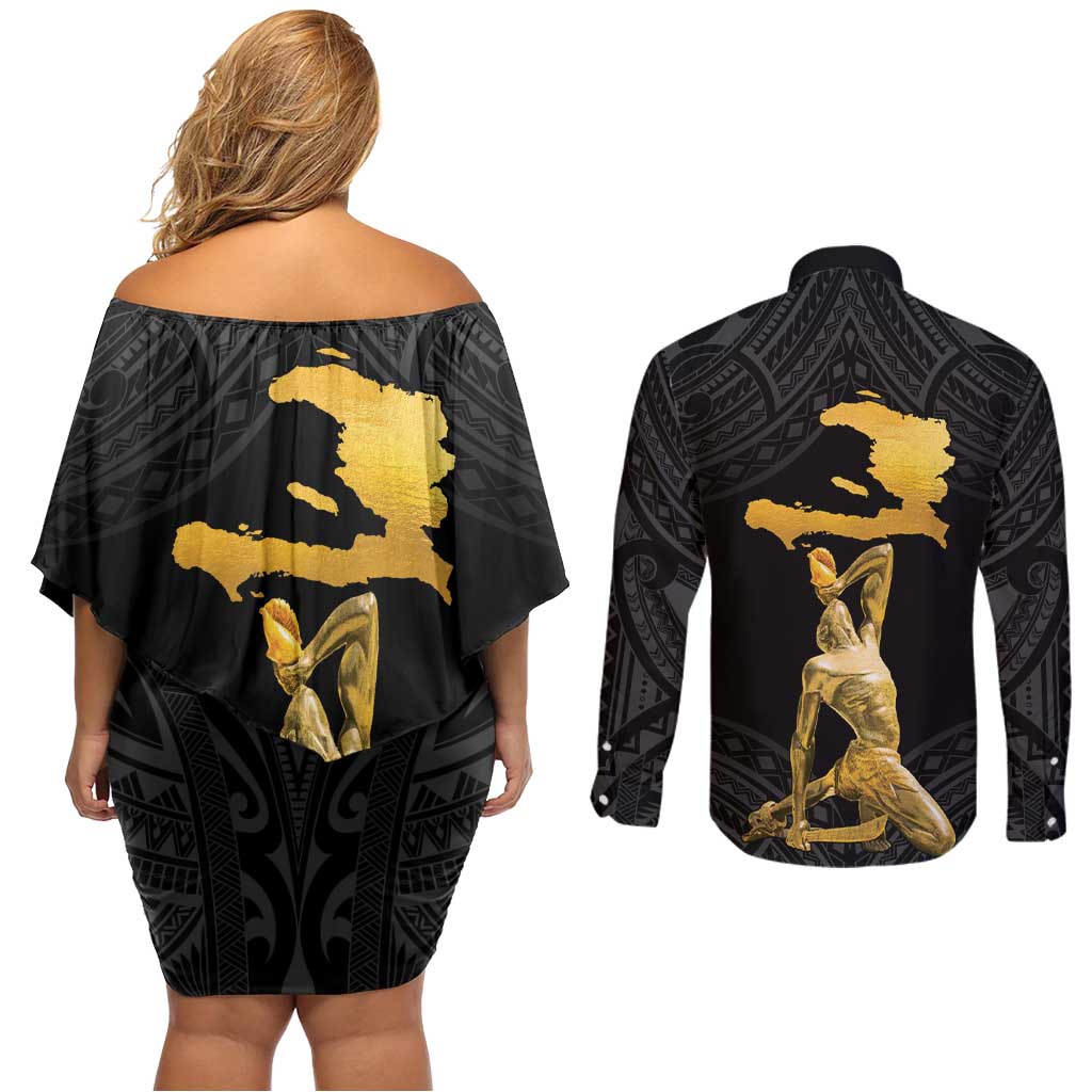 Haitian Negre Marron 1804 Couples Matching Off Shoulder Short Dress and Long Sleeve Button Shirt Black Polynesian Pattern