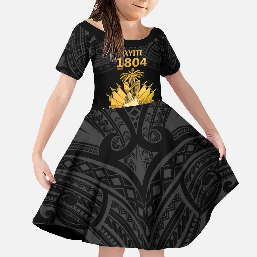 Haitian Negre Marron 1804 Family Matching Long Sleeve Bodycon Dress and Hawaiian Shirt Black Polynesian Pattern LT9 Daughter's Dress Black - Polynesian Pride