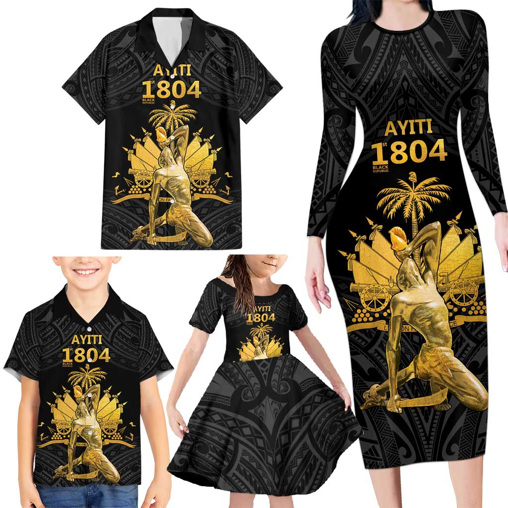 Haitian Negre Marron 1804 Family Matching Long Sleeve Bodycon Dress and Hawaiian Shirt Black Polynesian Pattern LT9 - Polynesian Pride