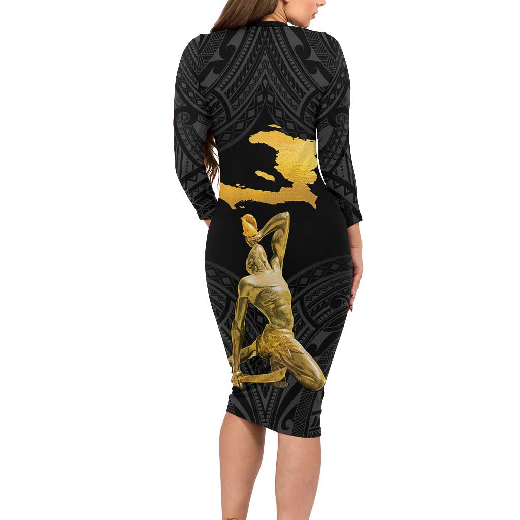 Haitian Negre Marron 1804 Family Matching Long Sleeve Bodycon Dress and Hawaiian Shirt Black Polynesian Pattern LT9 - Polynesian Pride