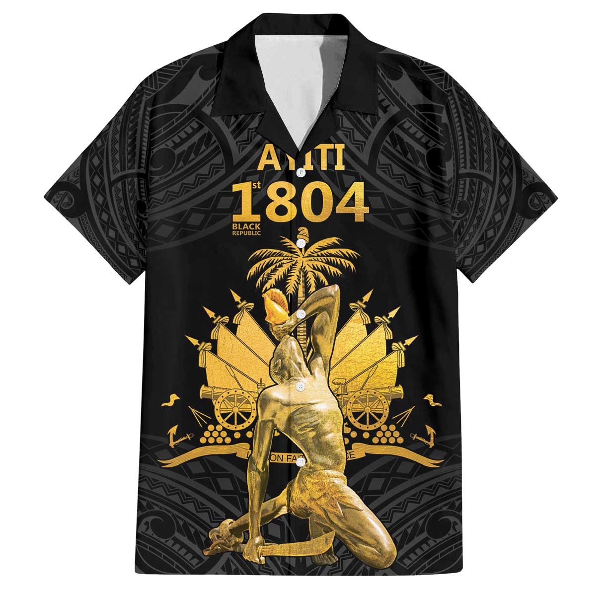 Haitian Negre Marron 1804 Family Matching Off The Shoulder Long Sleeve Dress and Hawaiian Shirt Black Polynesian Pattern