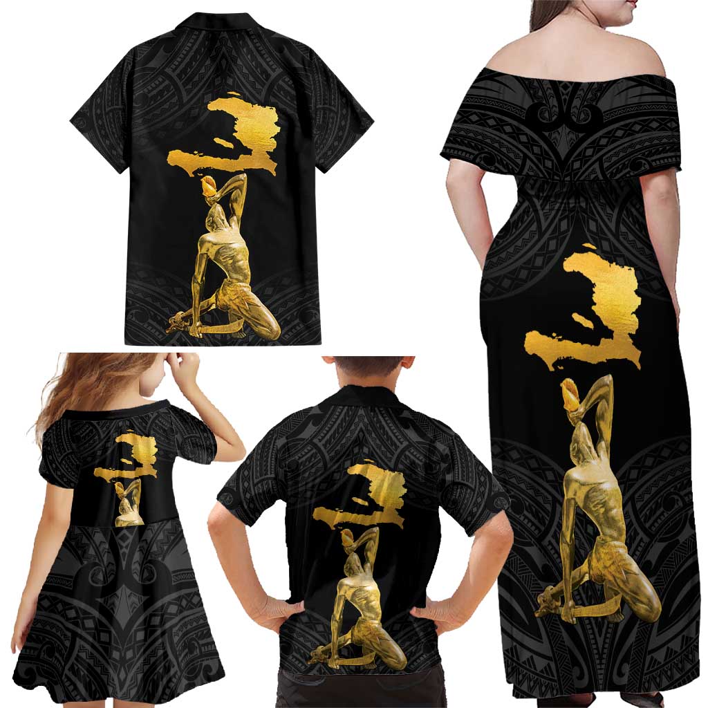 Haitian Negre Marron 1804 Family Matching Off Shoulder Maxi Dress and Hawaiian Shirt Black Polynesian Pattern LT9 - Polynesian Pride