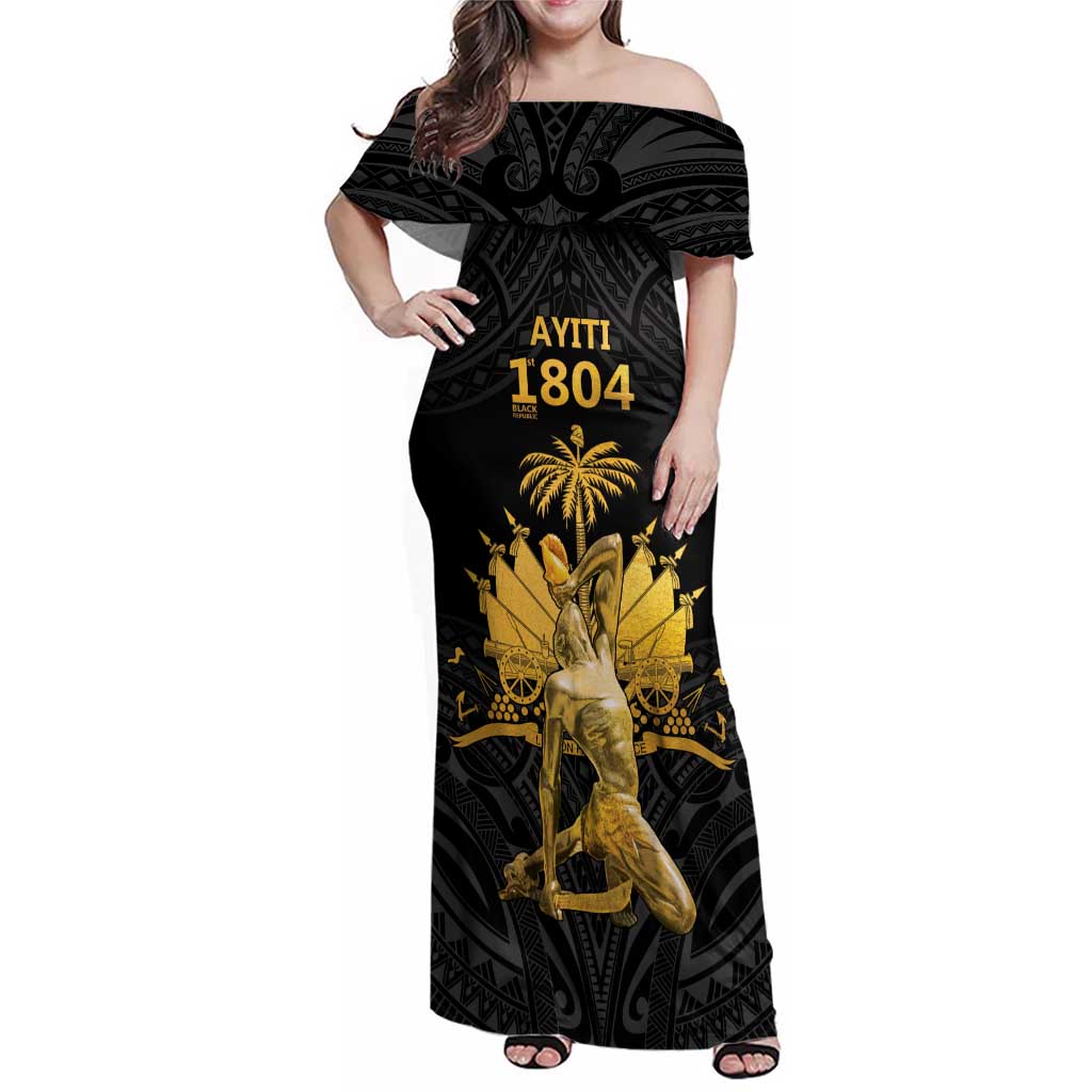Haitian Negre Marron 1804 Family Matching Off Shoulder Maxi Dress and Hawaiian Shirt Black Polynesian Pattern LT9 Mom's Dress Black - Polynesian Pride