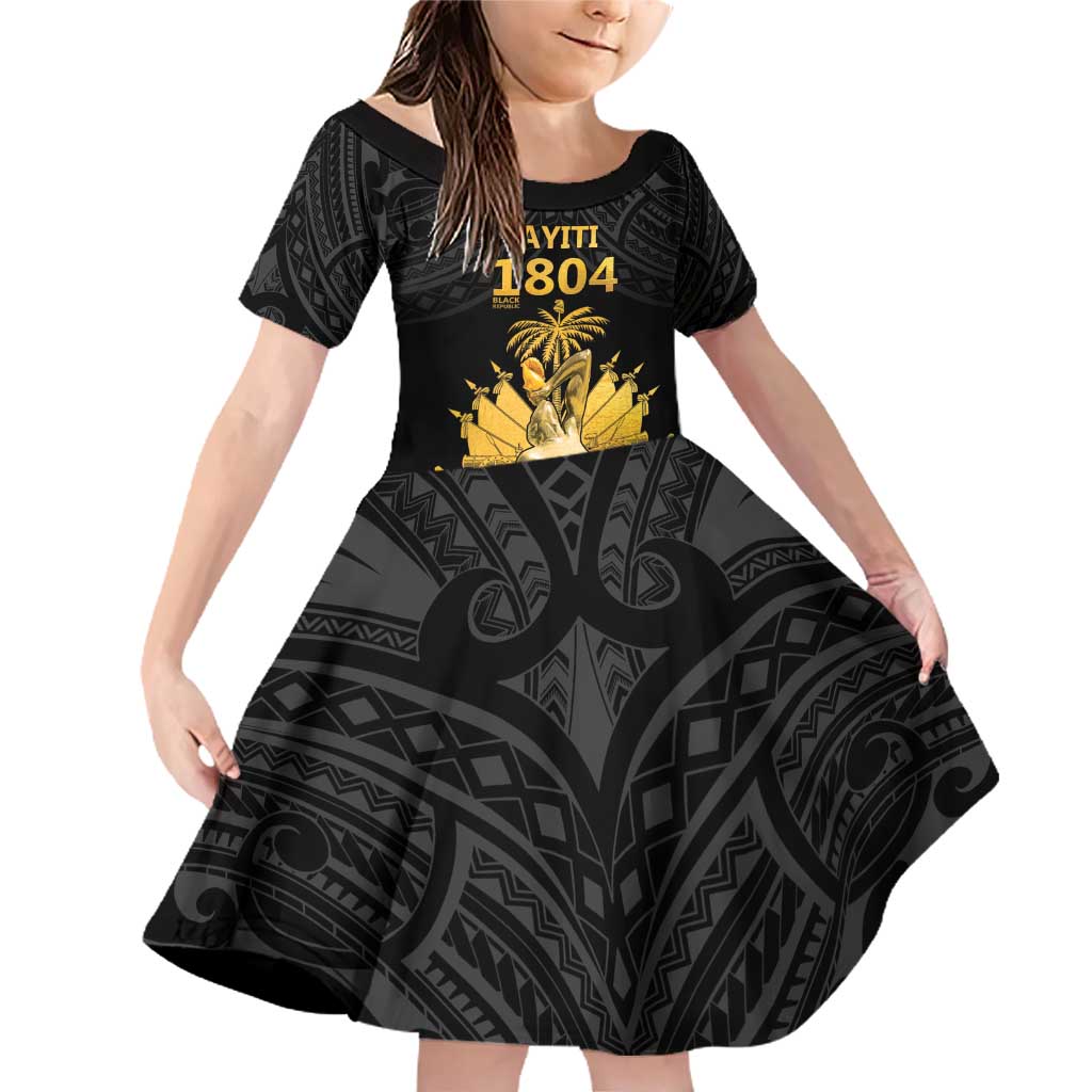 Haitian Negre Marron 1804 Family Matching Off Shoulder Short Dress and Hawaiian Shirt Black Polynesian Pattern LT9 Daughter's Dress Black - Polynesian Pride
