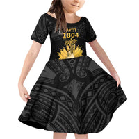 Haitian Negre Marron 1804 Family Matching Off Shoulder Short Dress and Hawaiian Shirt Black Polynesian Pattern LT9 Daughter's Dress Black - Polynesian Pride