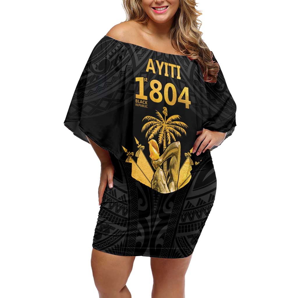 Haitian Negre Marron 1804 Family Matching Off Shoulder Short Dress and Hawaiian Shirt Black Polynesian Pattern LT9 Mom's Dress Black - Polynesian Pride