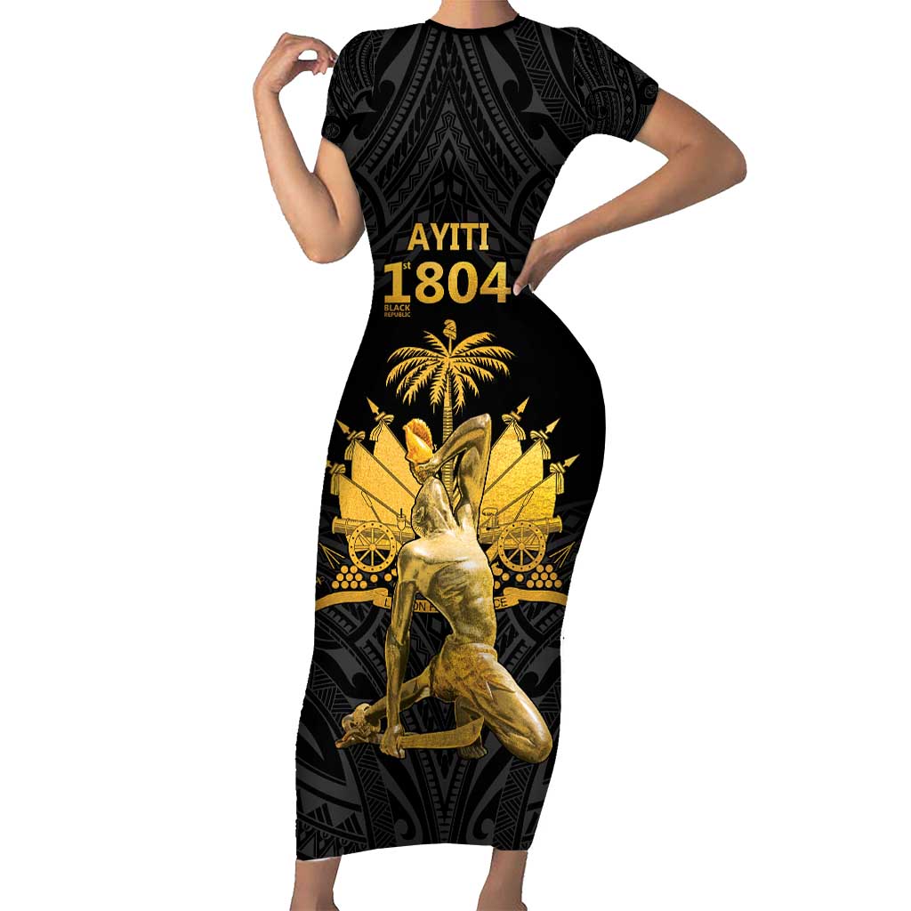 Haitian Negre Marron 1804 Family Matching Short Sleeve Bodycon Dress and Hawaiian Shirt Black Polynesian Pattern LT9 Mom's Dress Black - Polynesian Pride