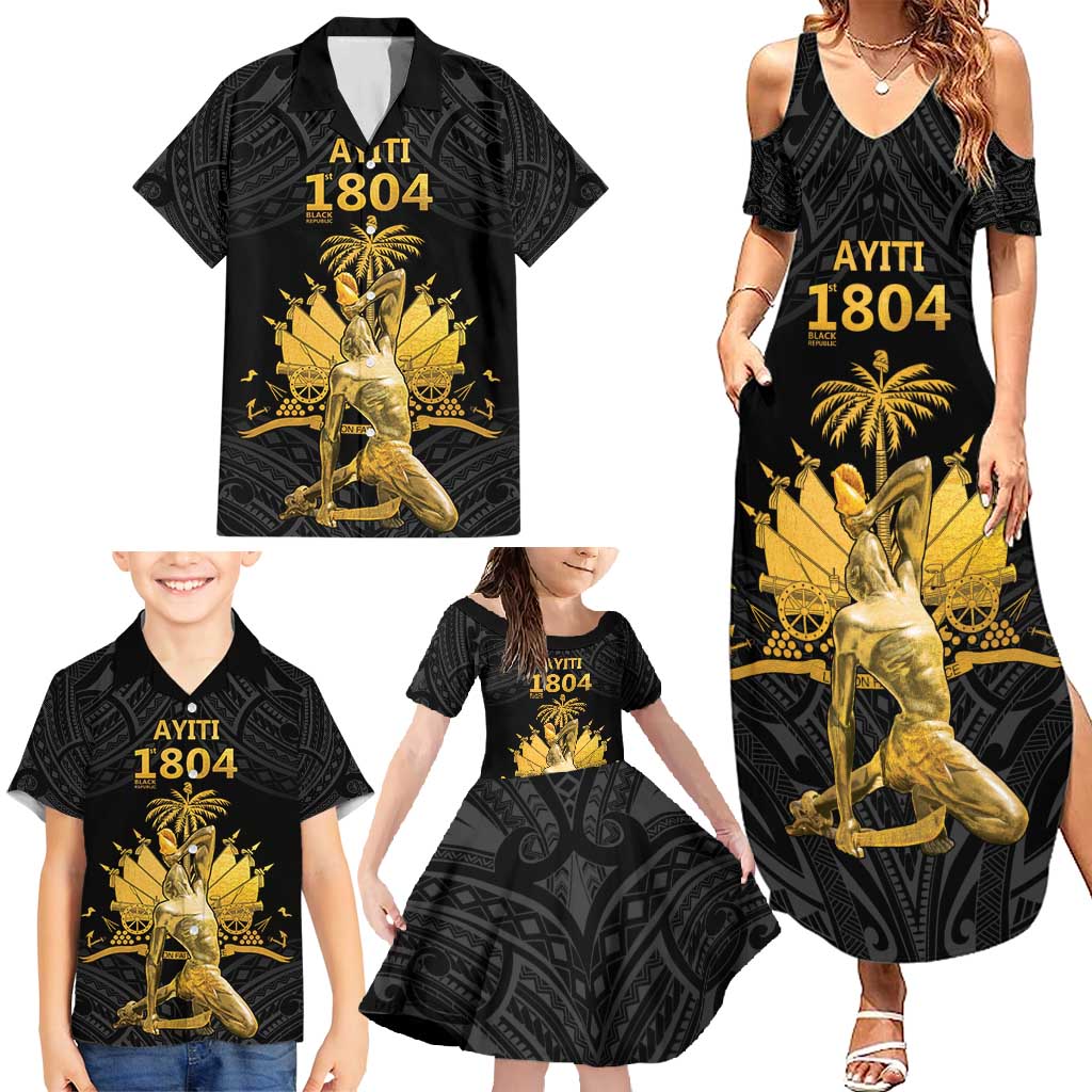 Haitian Negre Marron 1804 Family Matching Summer Maxi Dress and Hawaiian Shirt Black Polynesian Pattern LT9 - Polynesian Pride