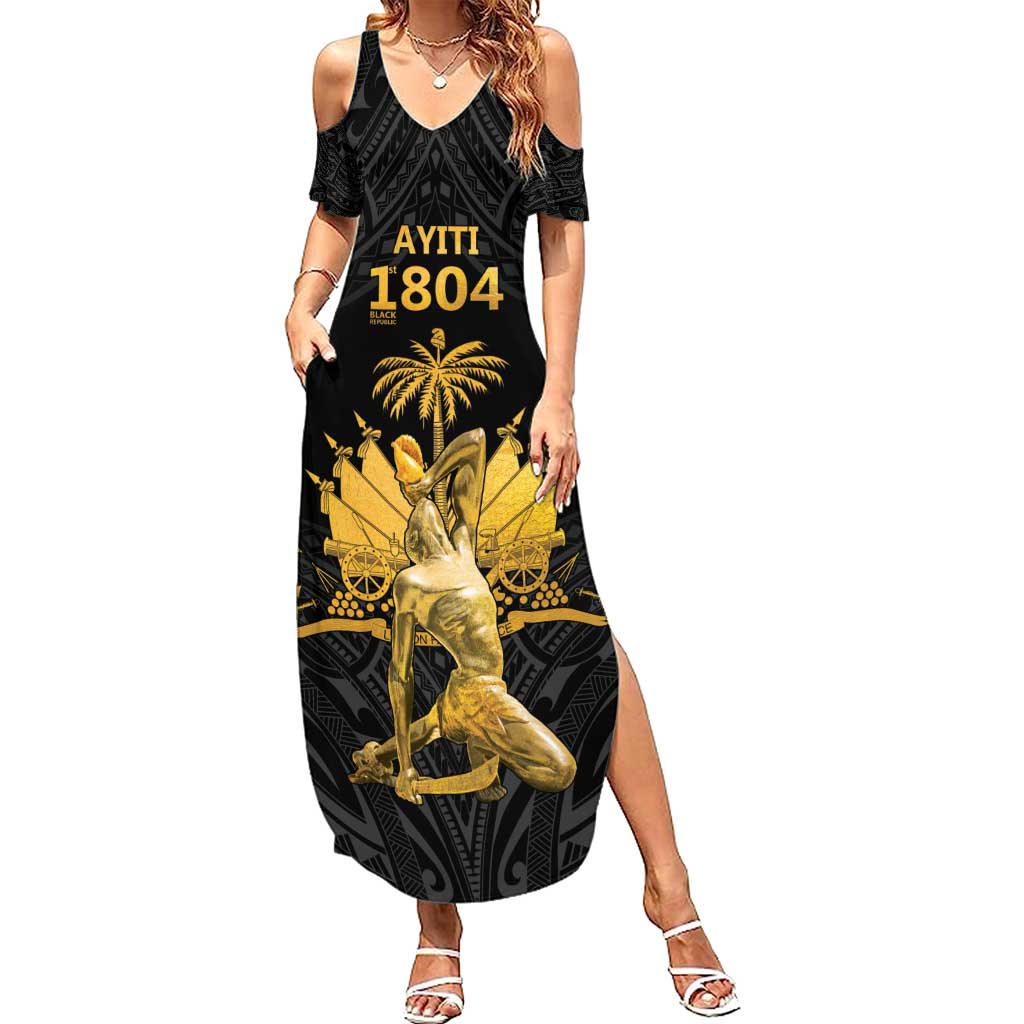 Haitian Negre Marron 1804 Family Matching Summer Maxi Dress and Hawaiian Shirt Black Polynesian Pattern LT9 Mom's Dress Black - Polynesian Pride