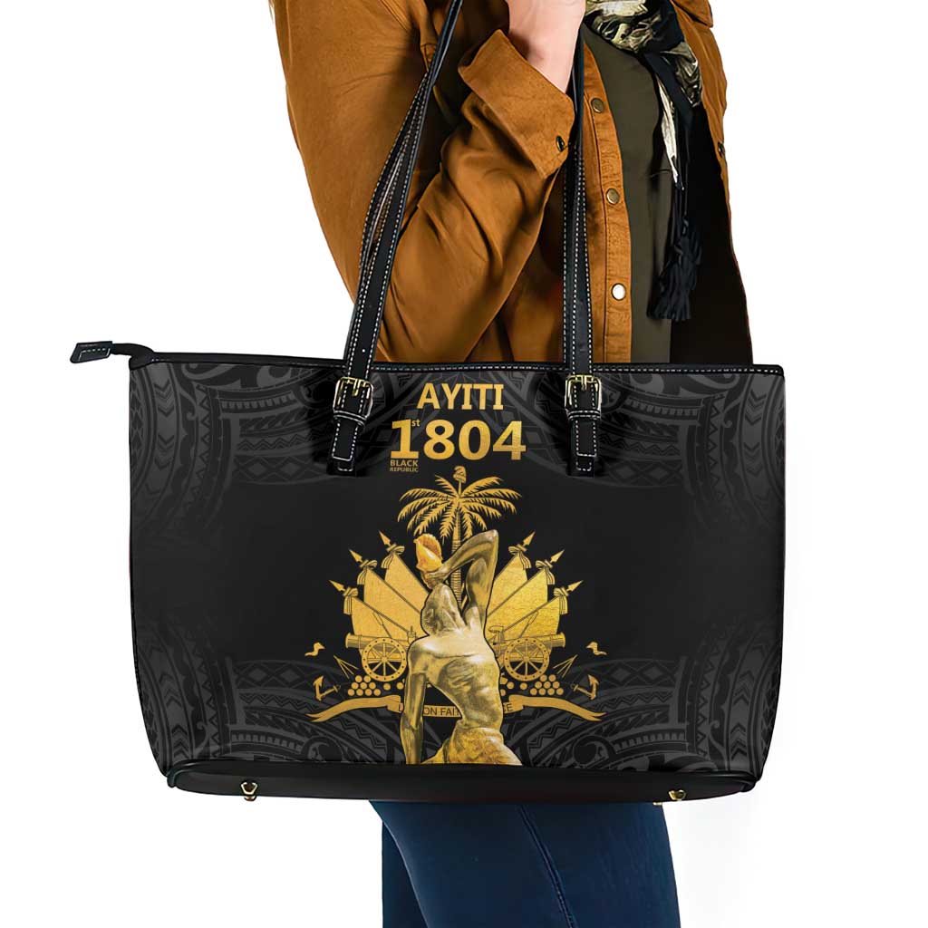 Haitian Negre Marron 1804 Leather Tote Bag Black Polynesian Pattern LT9 - Polynesian Pride