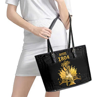 Haitian Negre Marron 1804 Leather Tote Bag Black Polynesian Pattern LT9 - Polynesian Pride