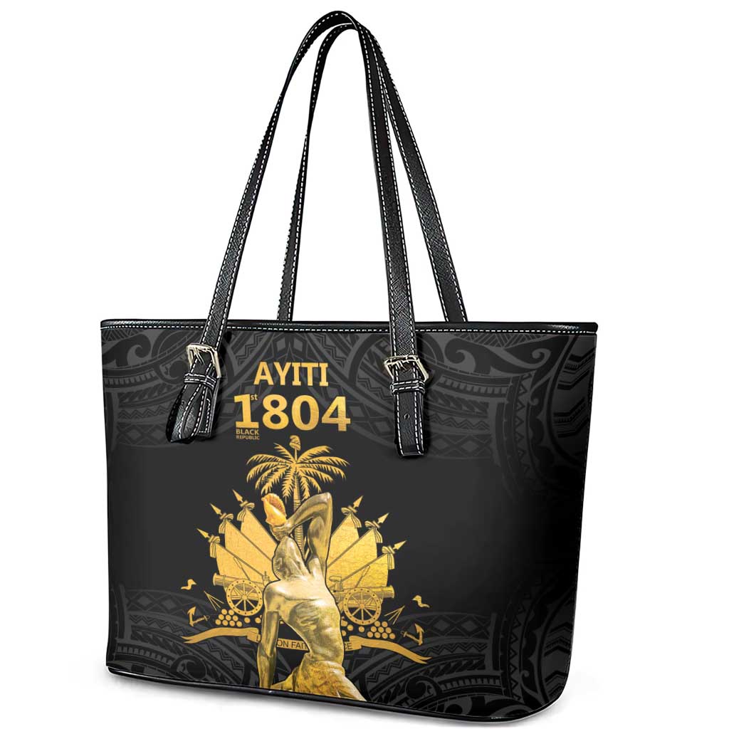 Haitian Negre Marron 1804 Leather Tote Bag Black Polynesian Pattern LT9 - Polynesian Pride