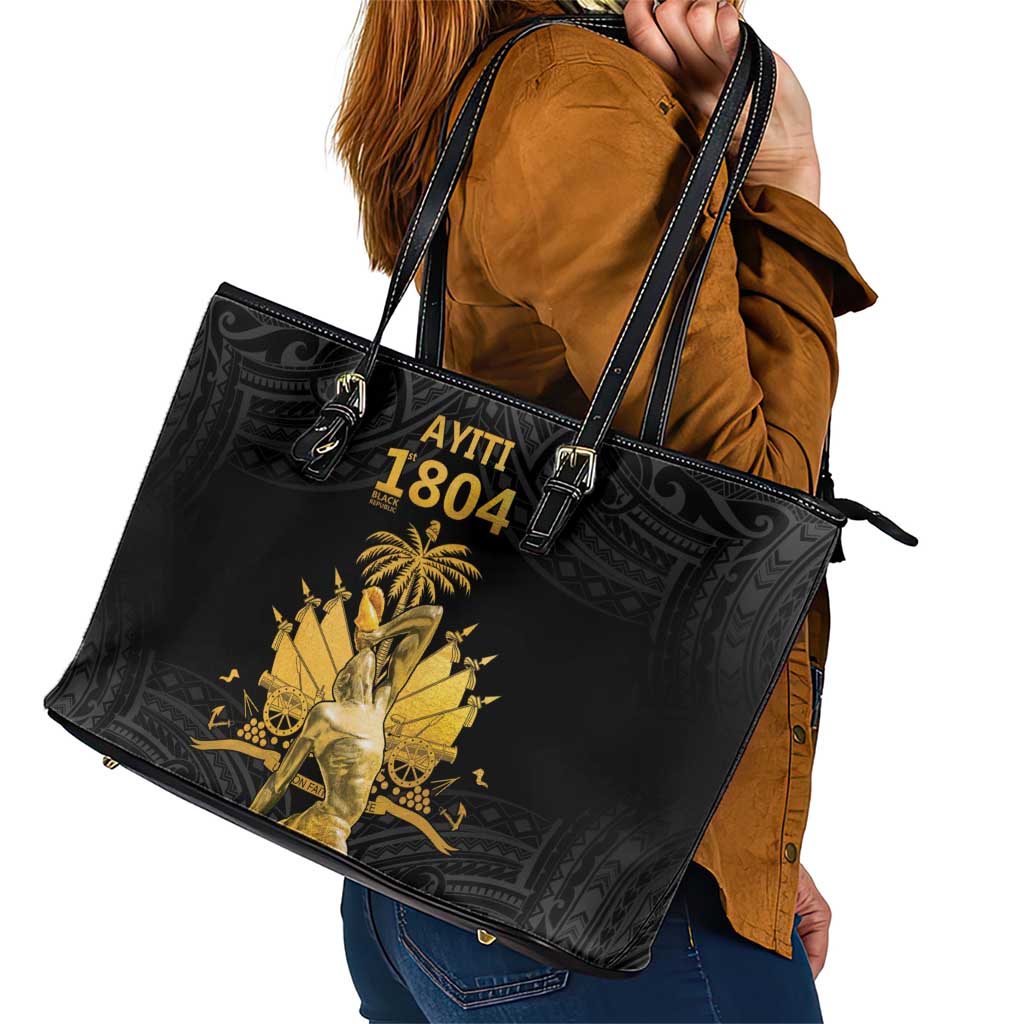 Haitian Negre Marron 1804 Leather Tote Bag Black Polynesian Pattern LT9 - Polynesian Pride