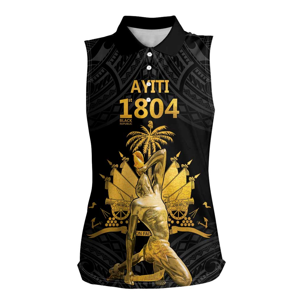 Haitian Negre Marron 1804 Women Sleeveless Polo Shirt Black Polynesian Pattern LT9 Female Black - Polynesian Pride